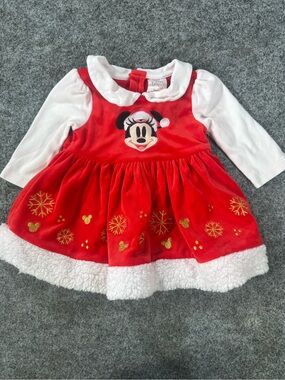 Disney Parks Minnie Mouse Christmas Baby Dress Velvet Red Holiday‎ 9-12 Months